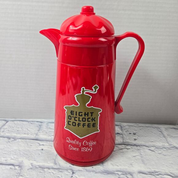 Vintage 1989 Eight O'clock Coffee Red Thermal Carafe Plastic Advertising Logo - Picture 1 of 13